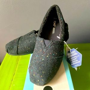Toms Slip On Black Speckled Cozy Twill/Faux Shearling Lined NWT Flat House Shoes